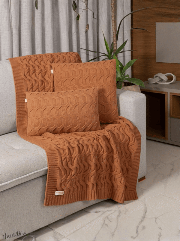 Kit Manta Sofa Quarto Sala Cama Decorativa Tricô + 2 Capas de Almofada Modelo Maldivas