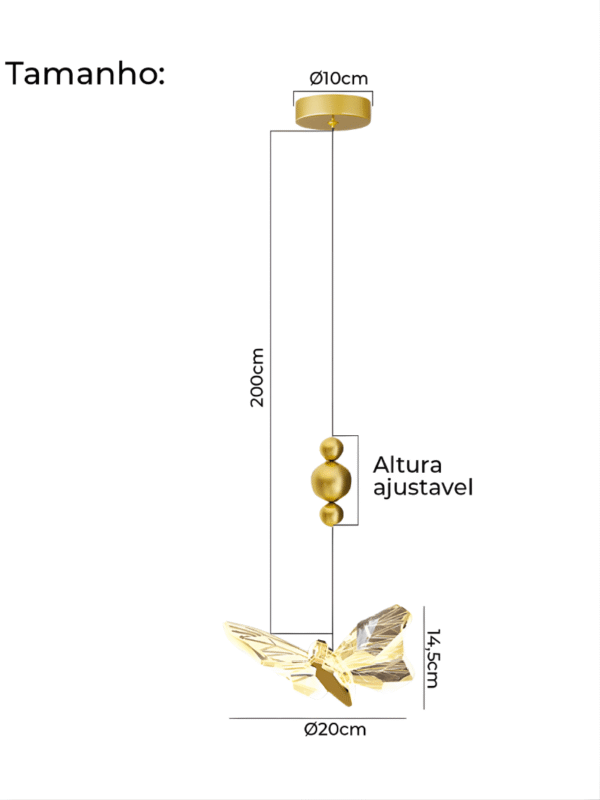 Luminária Pendente Lustre Borboleta de Luxo Cristal Dourada Moderna 3 Tons de Luz Bivolt