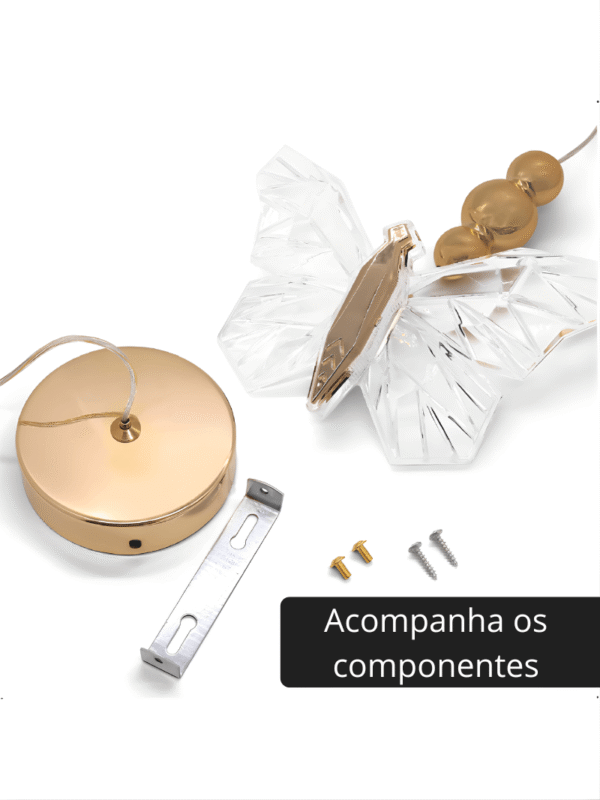 Luminária Pendente Lustre Borboleta de Luxo Cristal Dourada Moderna 3 Tons de Luz Bivolt