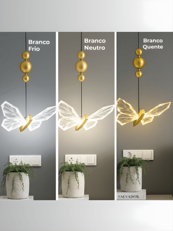 Luminária Pendente Lustre Borboleta de Luxo Cristal Dourada Moderna 3 Tons de Luz Bivolt